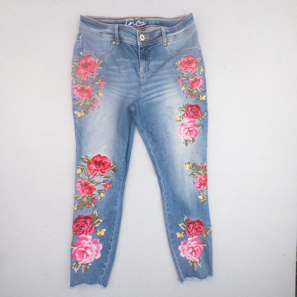 INC International Concepts Floral Embroidered Skinny Jeans Blue 10P Rose Raw Hem